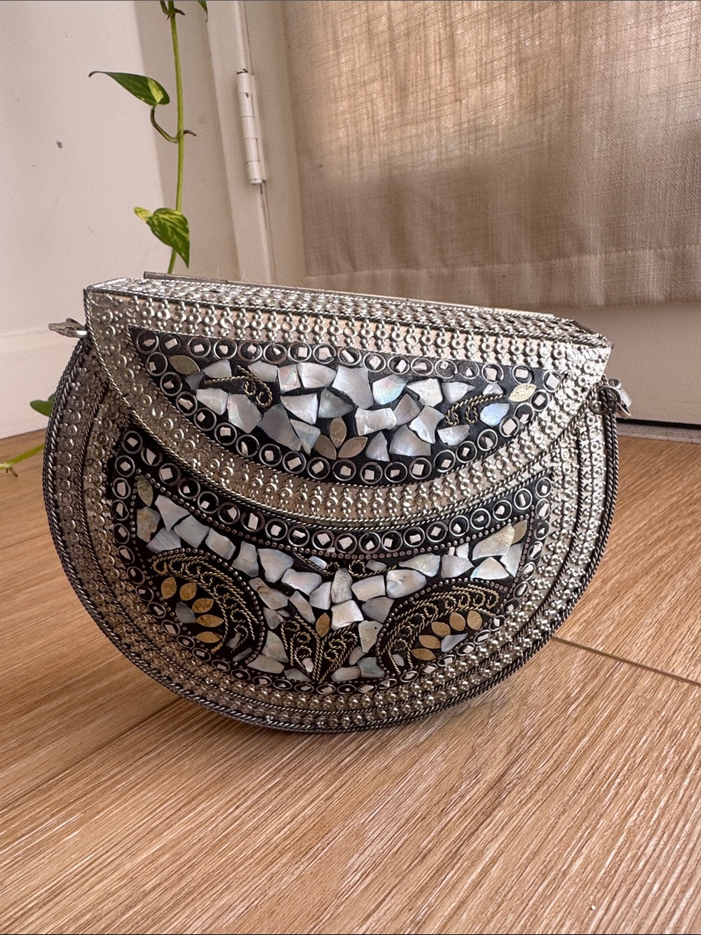 Embellished Silver Mosaic Half-Moon Crossbody Bag